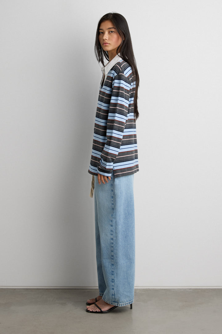 COLLARED CONTRAST STRIPE POLO SHIRT in Blue Stripe — alternate angle