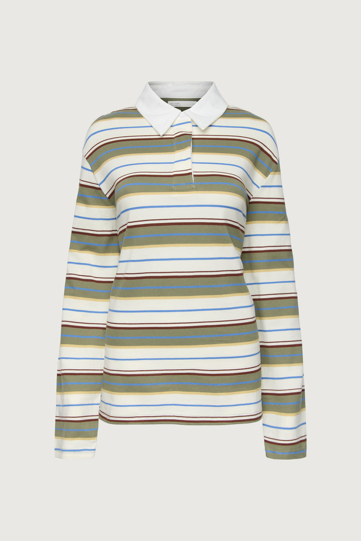 COLLARED CONTRAST STRIPE POLO SHIRT in Olive stripe — alternate angle