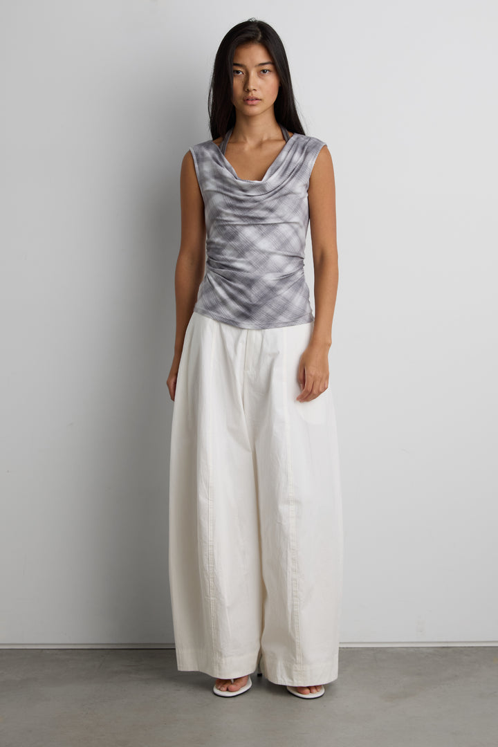 DRAPED CHECKERED COWL NECK TOP in Gray Plaid — alternate angle