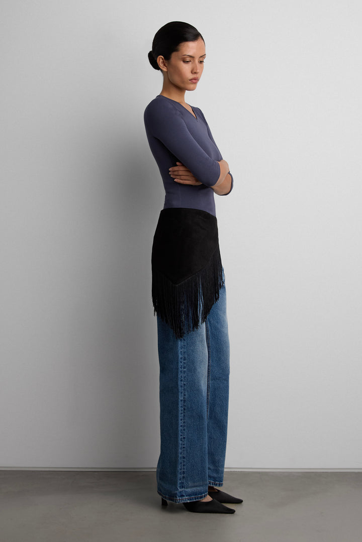 FITTED COTTON MODAL V-NECK QUARTER SLEEVE TOP in ODYSSEY GREY — alternate angle