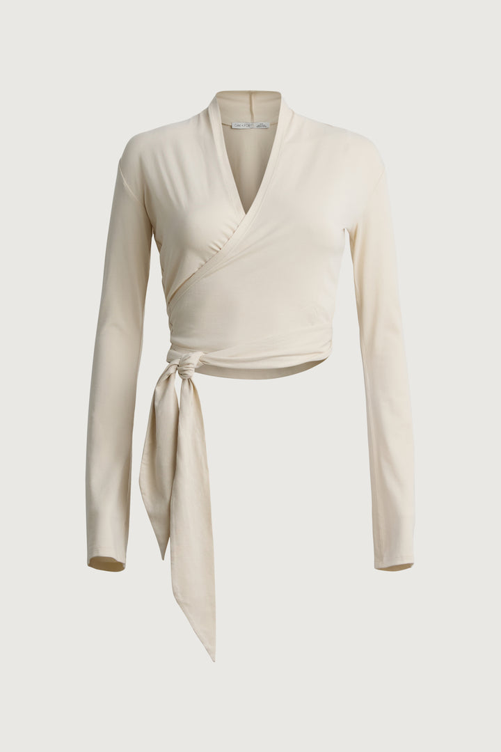 COTTON MODAL CROPPED WRAP TOP in Birch — alternate angle
