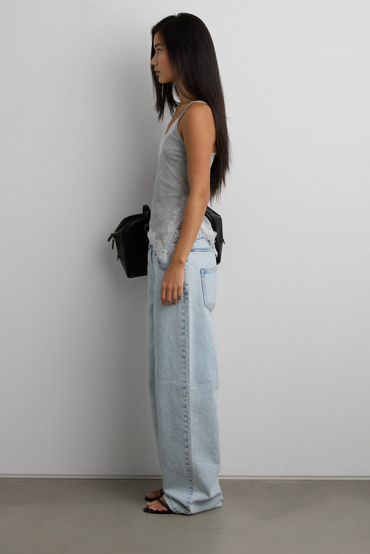 RIBBED ASYMMETRICAL LACE TRIM TANK TOP in Gray — alternate angle