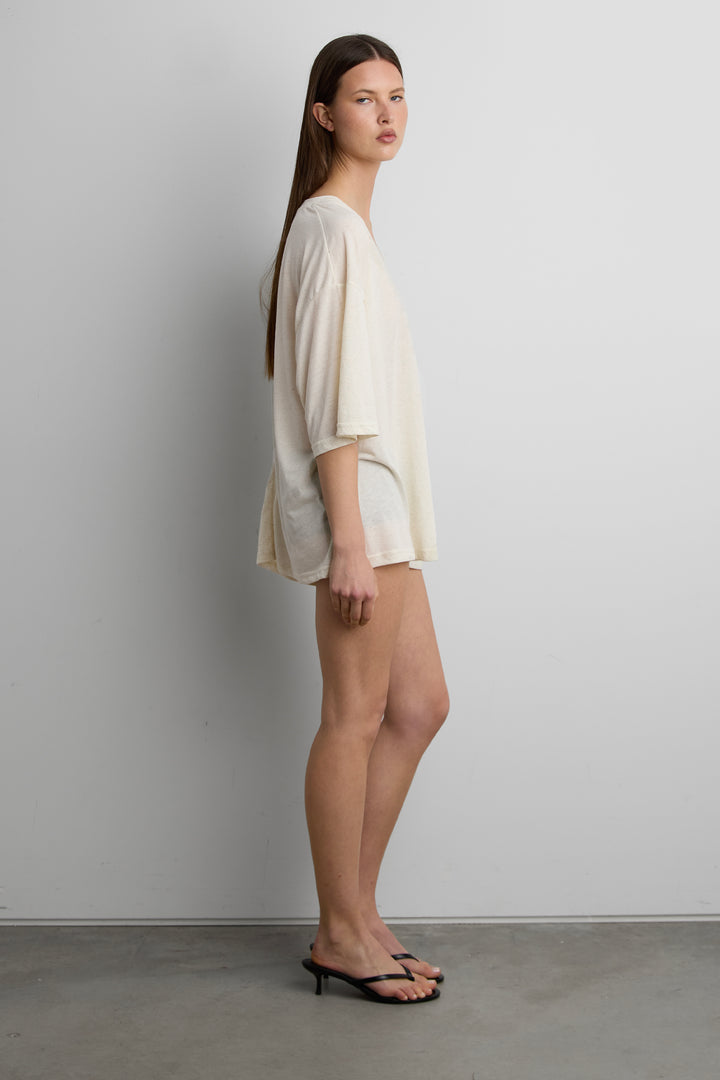 RELAXED V-NECK DRAWSTRING TOP in Beige — alternate angle