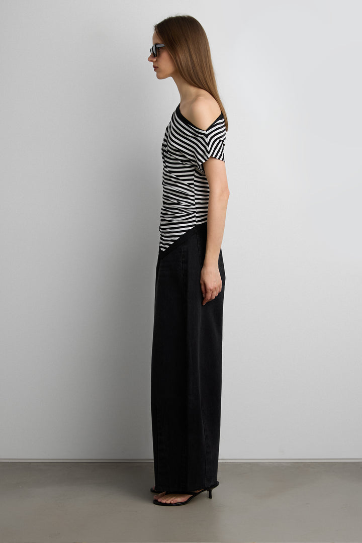 OFF SHOULDER ASYMMETRICAL STRIPE TOP in Black stripe — alternate angle