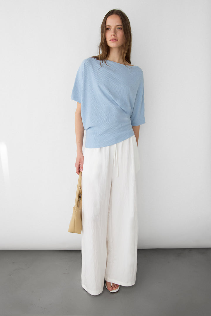 TEXTURED BOAT NECK DROP SLEEVE KNIT PULLOVER in Blue — alternate angle