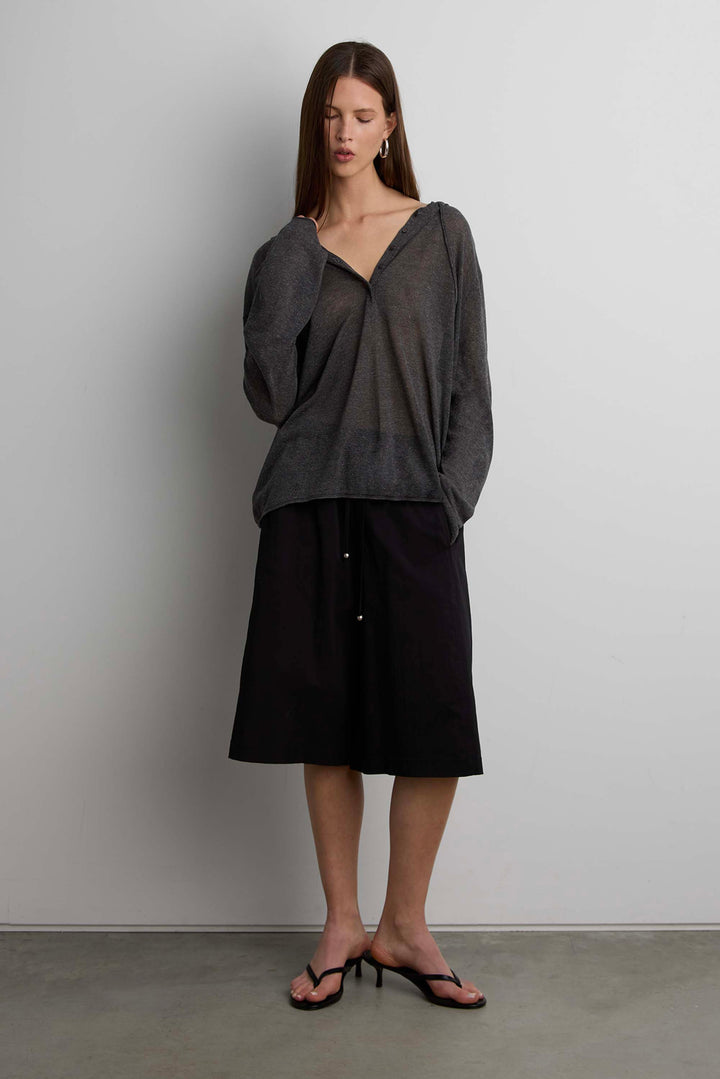 SHEER LINEN BLEND HOODIE WITH BUTTON FRONT in Charcoal — alternate angle