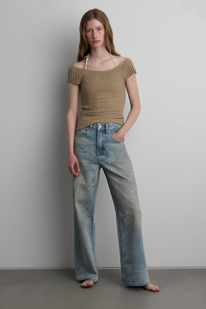 TEXTURED RIBBED KNIT CAP SLEEVE TOP in Beige — alternate angle