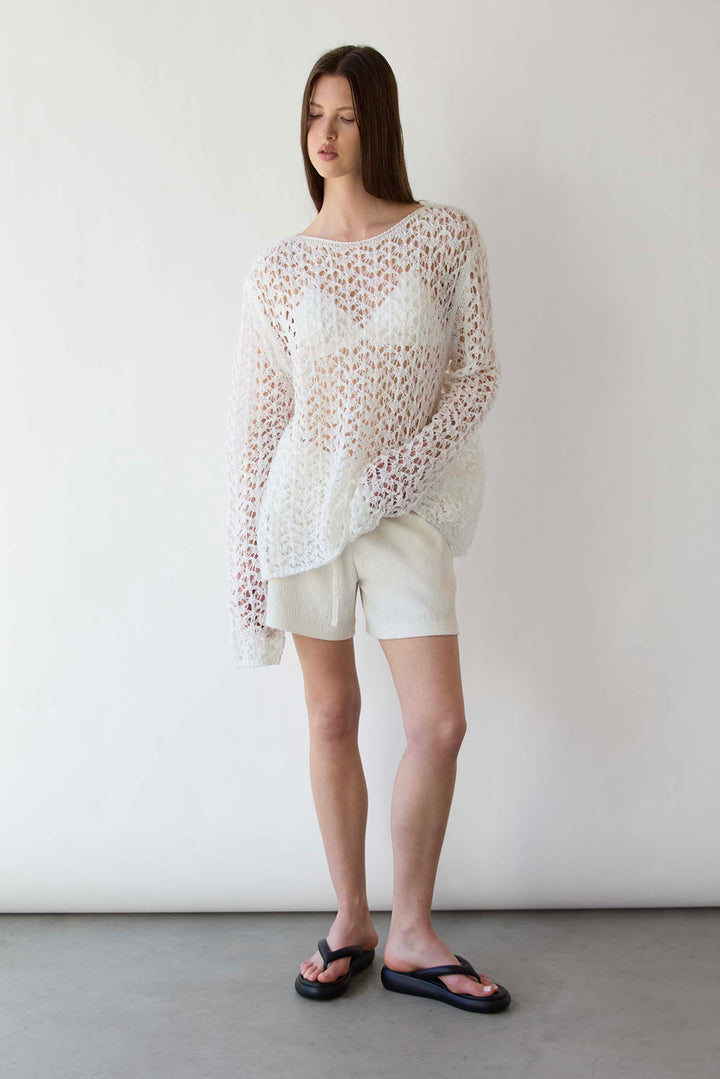 NET STITCH LONG SLEEVE TOP in White — alternate angle