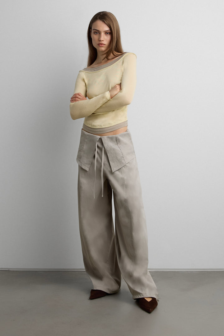 SHIRRED CONTRAST LAYER TOP in Light Khaki — alternate angle
