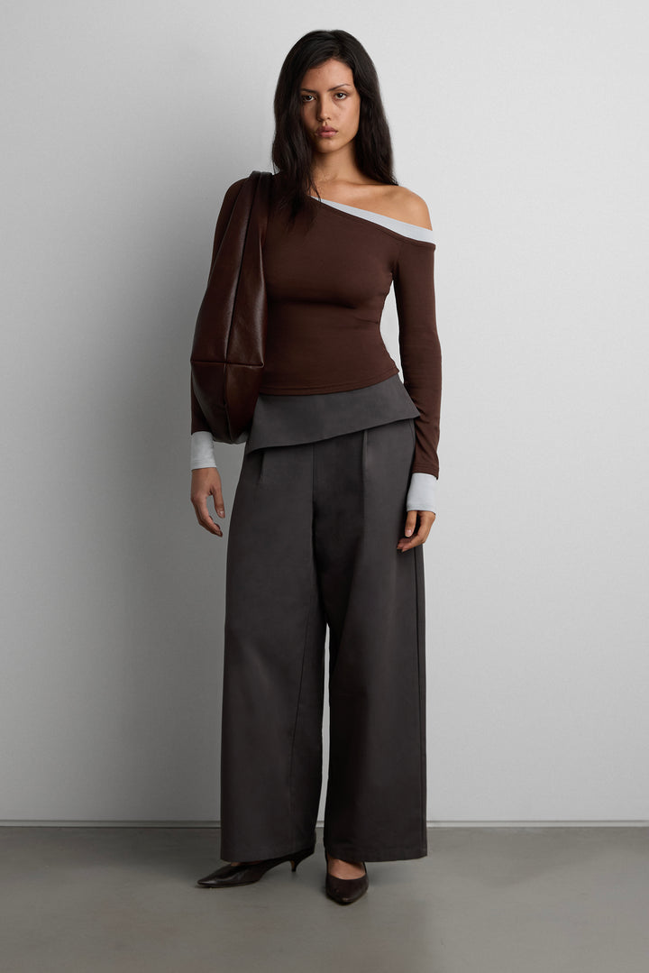 ASYMMETRICAL LAYERED NECK LONG SLEEVE TOP in Brown — alternate angle