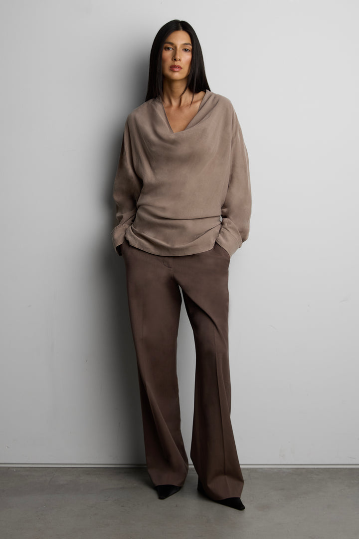 COWL NECK LONG SLEEVE TOP in Taupe — alternate angle