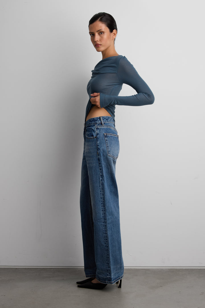 SHEER OFF-SHOULDER TOP in Navy Blue — alternate angle