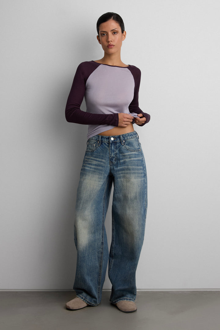 CONTRAST RAGLAN LONG SLEEVE T-SHIRT in Wine — alternate angle