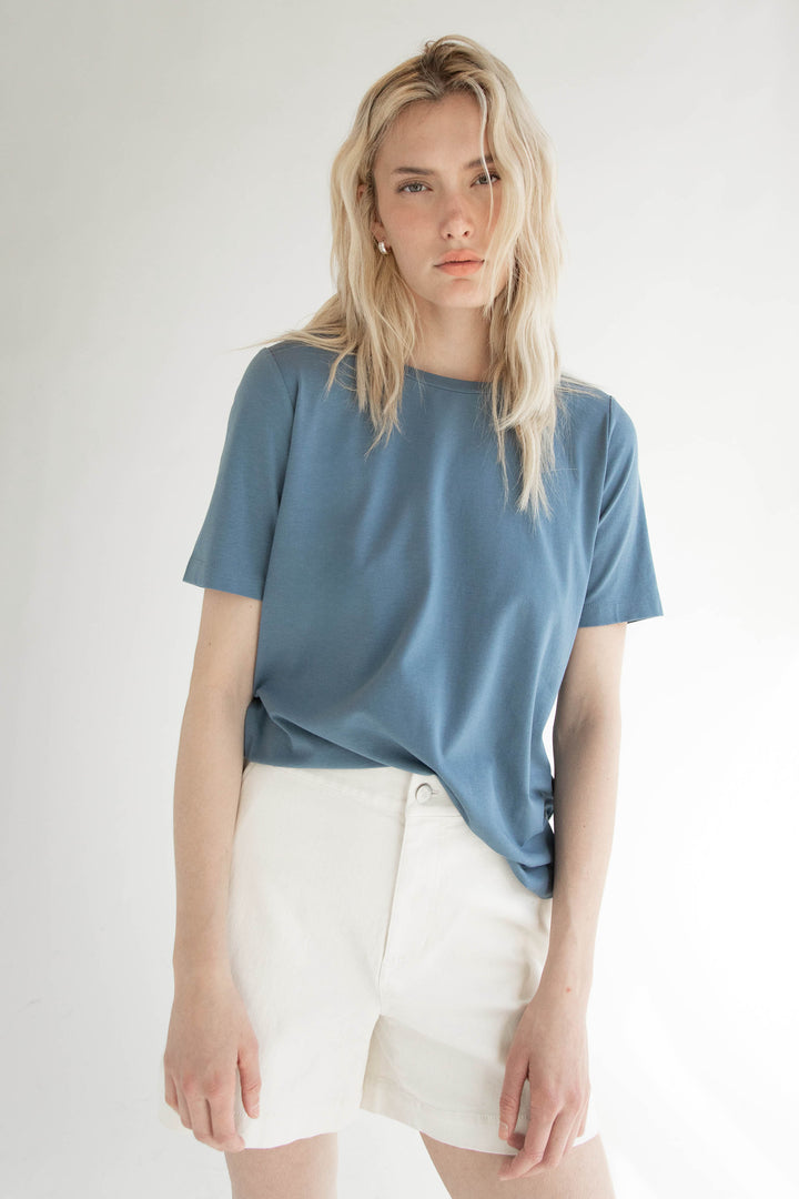 COTTON MODAL CREWNECK T-SHIRT in Bluefin — alternate angle