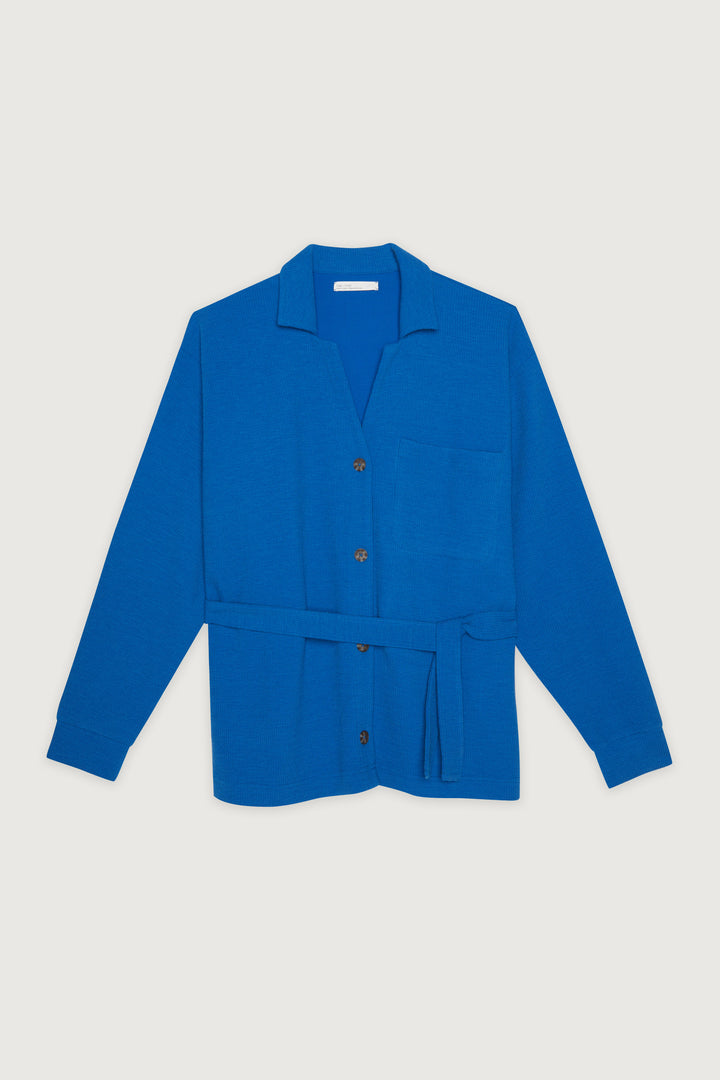 RIB-KNIT BUTTON UP TOP in Classic Blue — alternate angle