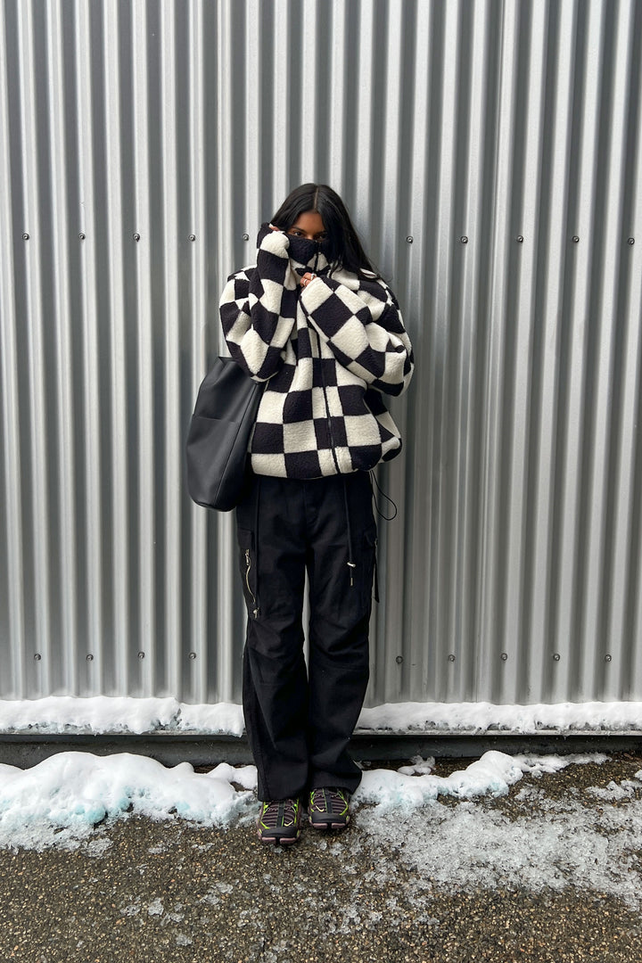 CHECKERED SHERPA ZIP-UP in Black Cream — alternate angle