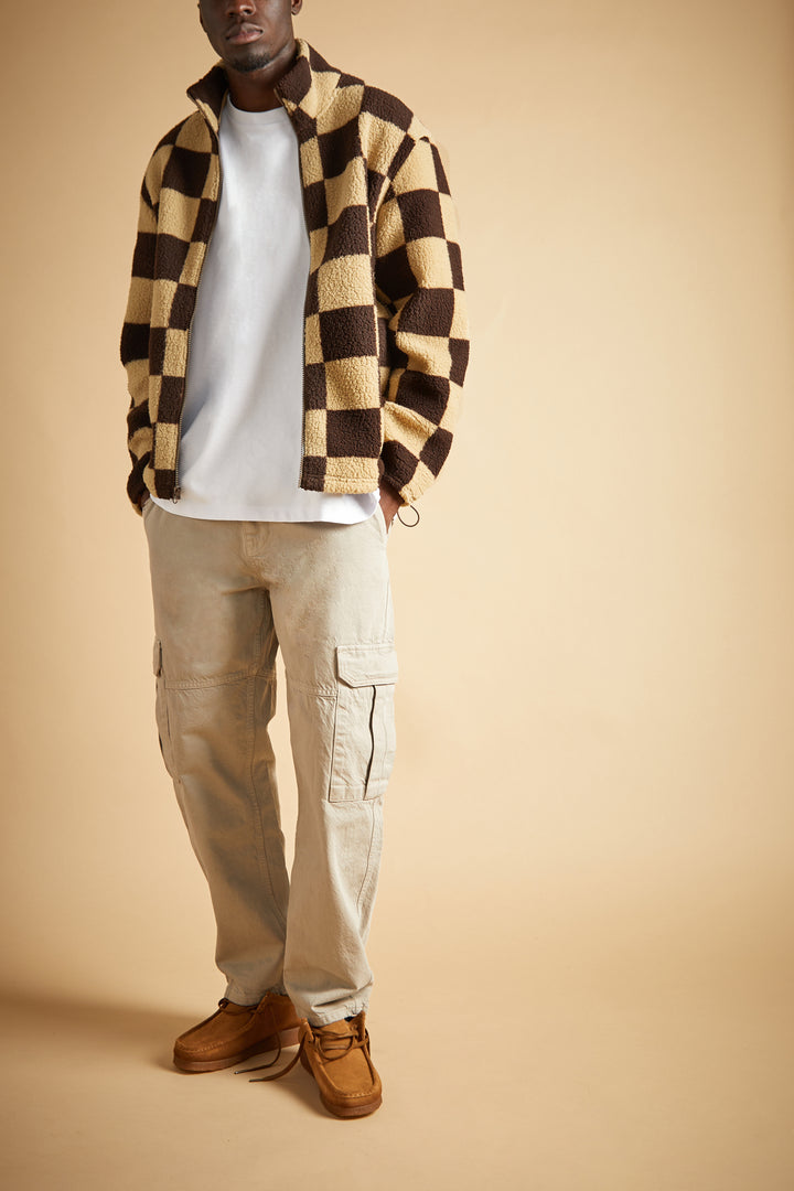 CHECKERED SHERPA ZIP-UP in Chocolate Beige — alternate angle