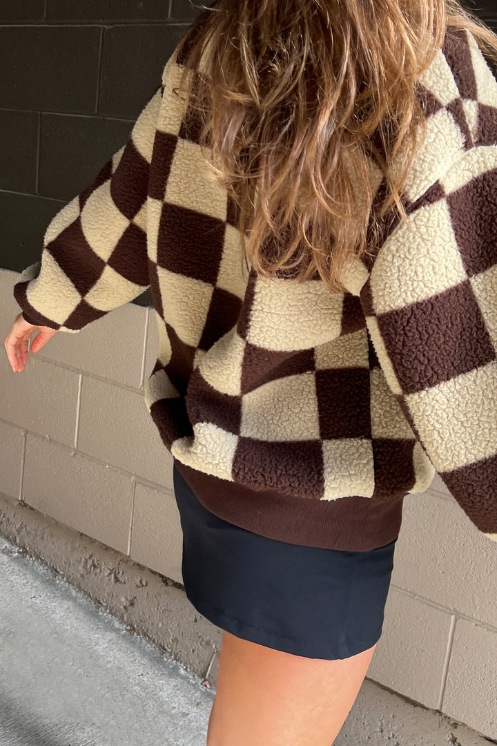 CHECKERED SHERPA CREWNECK SWEATSHIRT in Chocolate Brown Check — alternate angle
