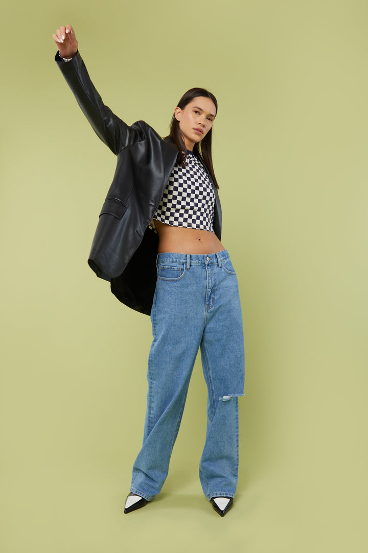 CHECKERED LONG SLEEVE TOP in Navy Checker — alternate angle