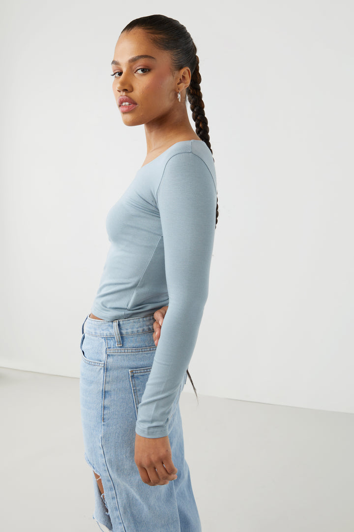 CROPPED LONG SLEEVE TOP in Misty Blue — alternate angle