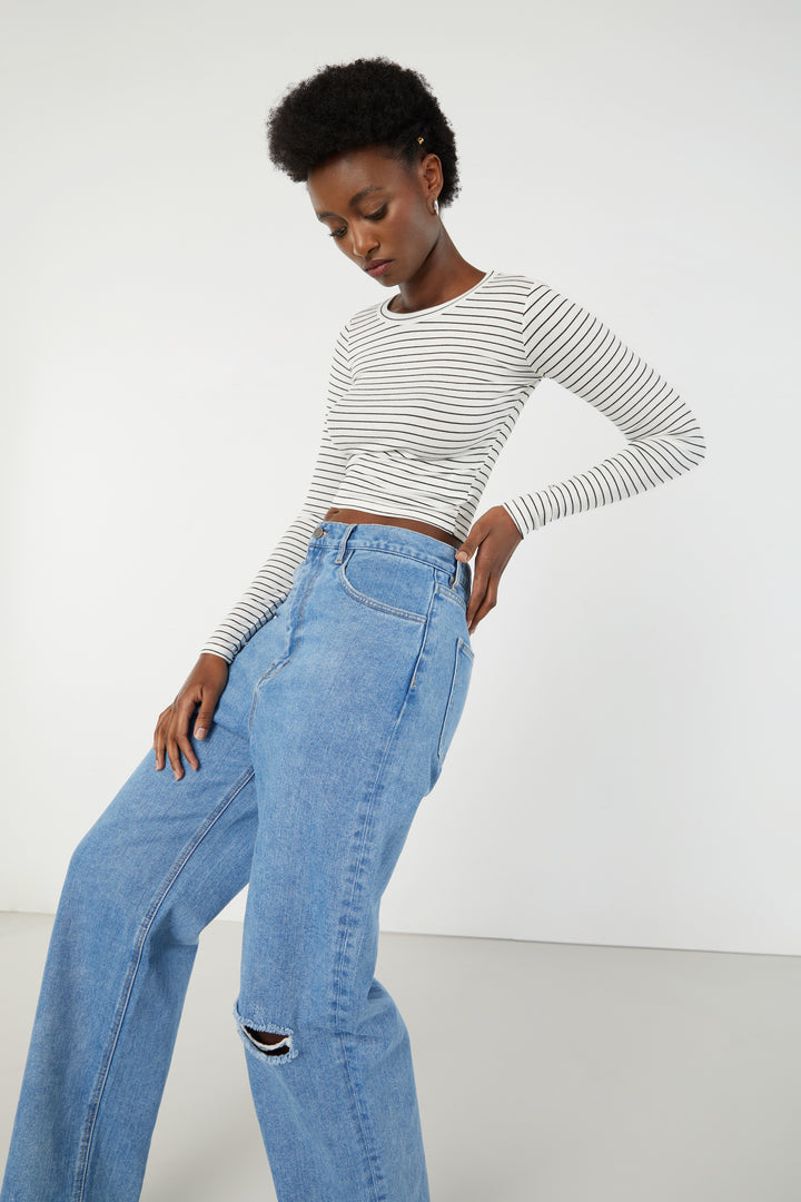 STRIPED LONG SLEEVE TOP in White Stripe — alternate angle