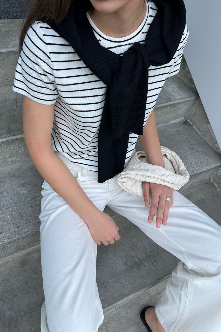CROPPED STRIPED T-SHIRT in Cream Black Stripe — alternate angle