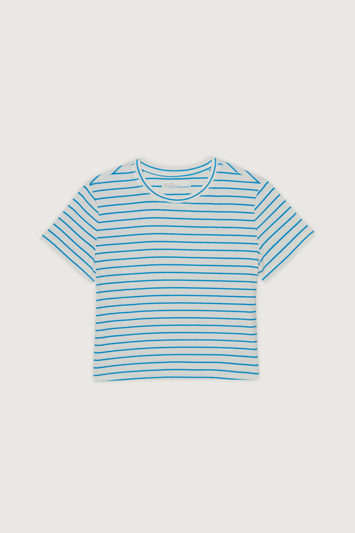 CROPPED STRIPED T-SHIRT in Cream Ocean Blue Stripe — alternate angle