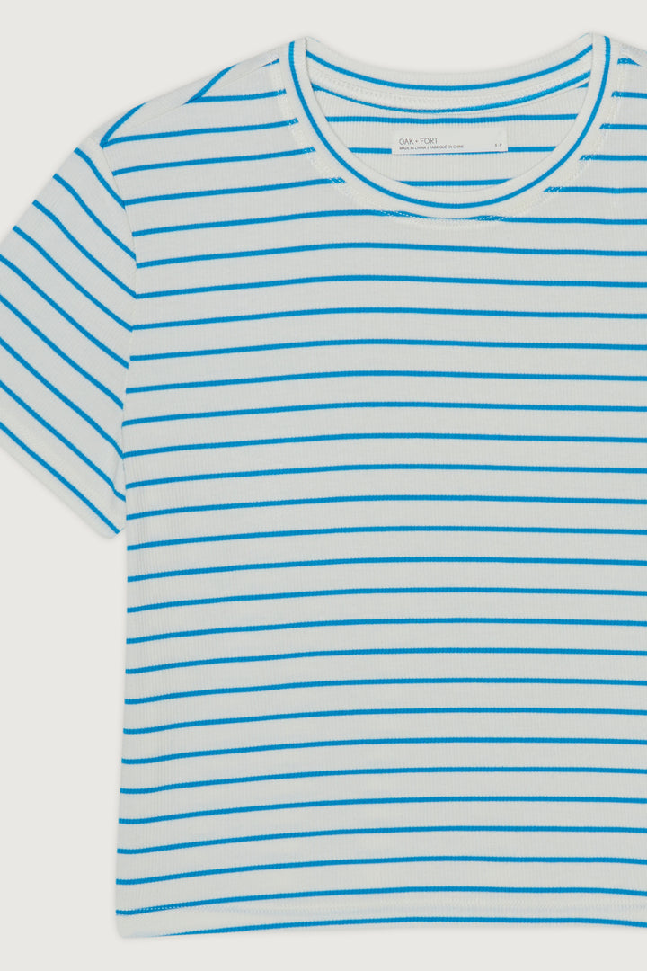 CROPPED STRIPED T-SHIRT in Cream Ocean Blue Stripe — alternate angle