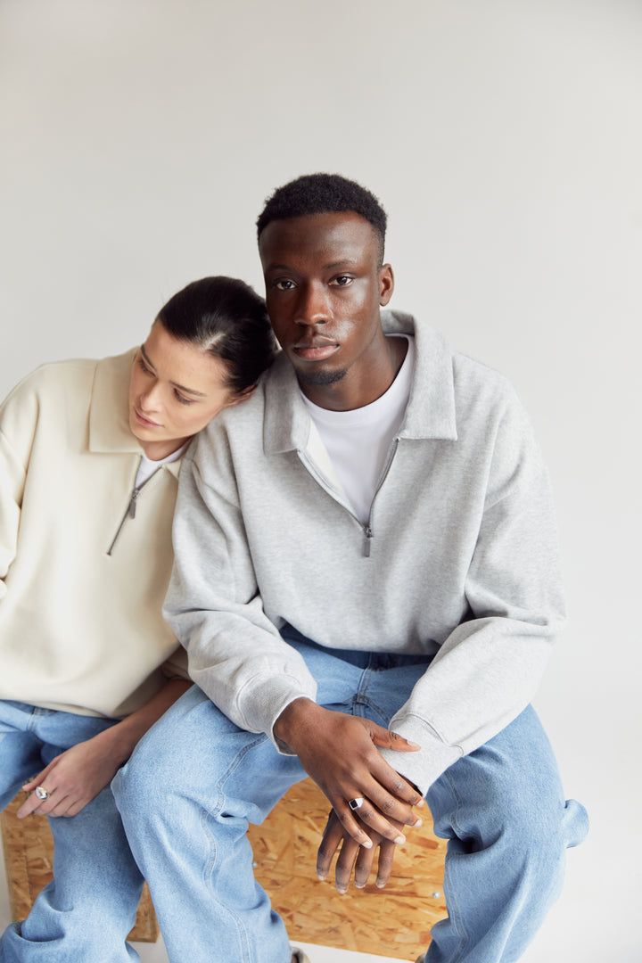 COLLARED HALF-ZIP SWEATSHIRT in Birch — alternate angle