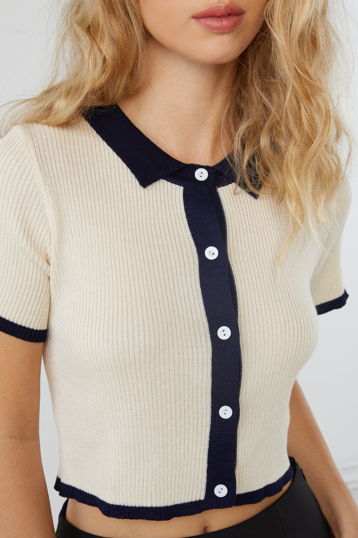 COLLARED KNIT TOP WITH CONTRAST TRIMS in Cream — alternate angle
