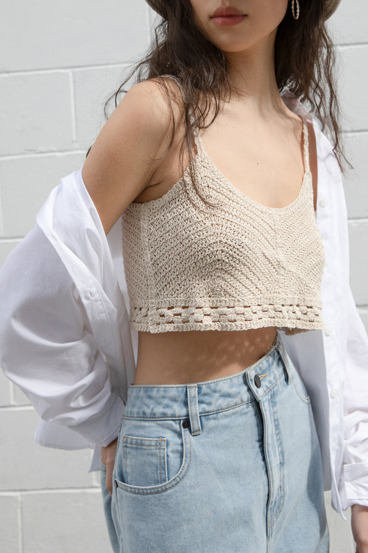 CROPPED CROCHET KNIT TANK in Beige — alternate angle